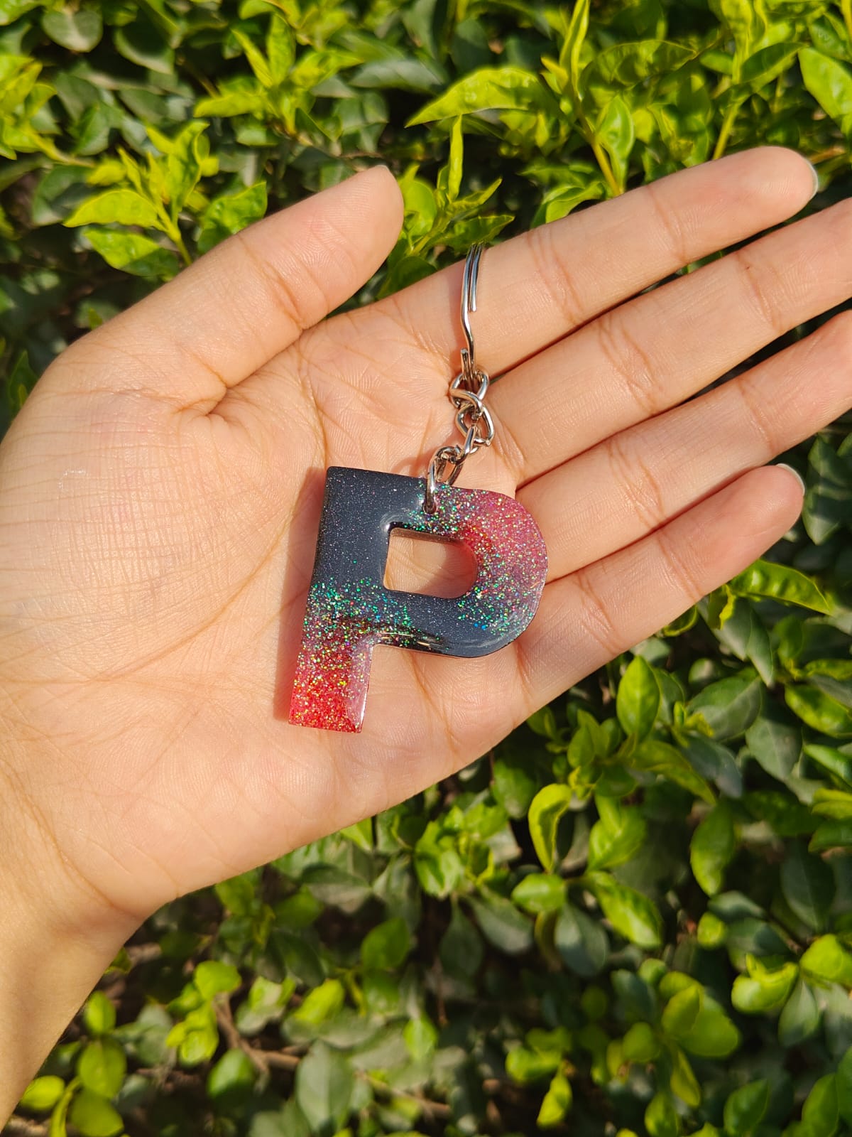 Handmade Resin Alphabet Keychain | Black with Pink Glitter