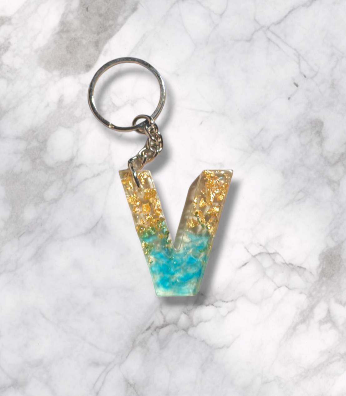 Handmade Resin Alphabet Keychain | Transparent with Crystals and Gold Flakes